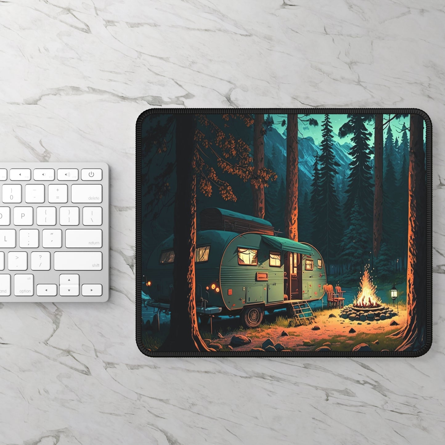 Forest Camping Trailer Mouse Pad - Cozy Nature Desk Decor with Warm Evening Vibes