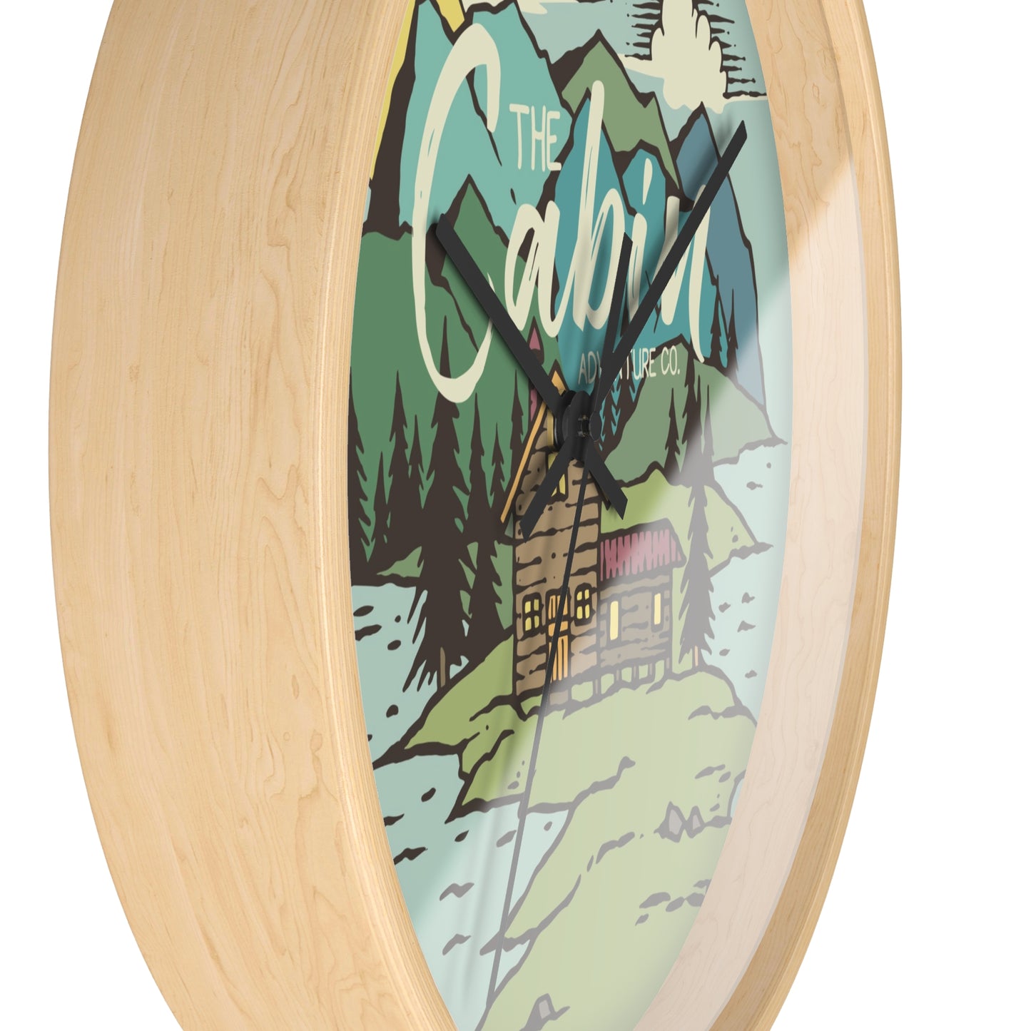 Cabin by the Lake Wall Clock - Cozy Nature Home Decor with Calm Mountain Illustration