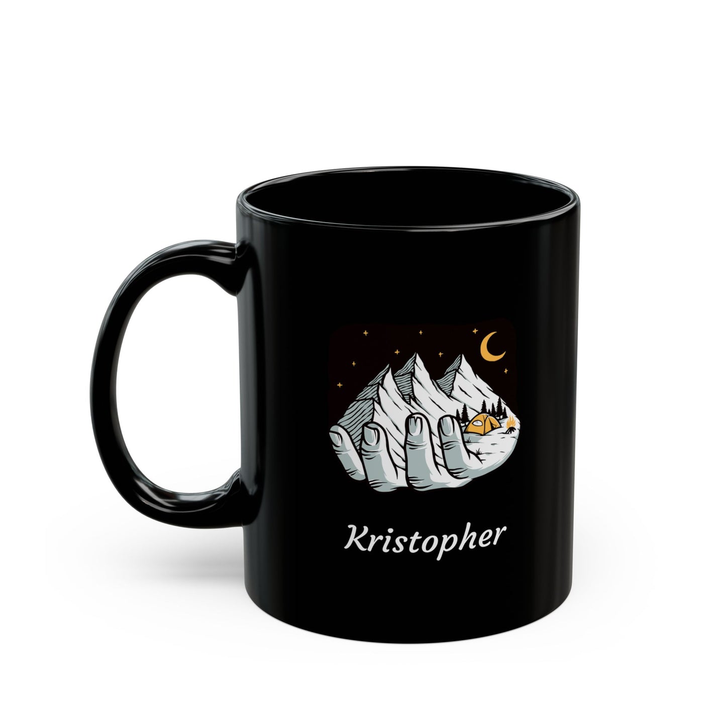 Personalized Night Mountain in Hand Black Mug - Custom Name Outdoor Illustration Coffee Cup