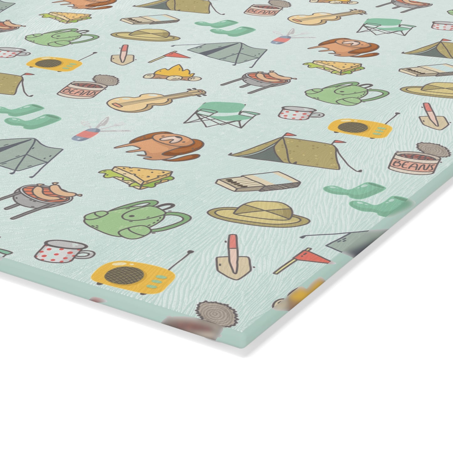 Camping Essentials Pattern Glass Cutting Board - Outdoor Kitchen Board for Campers & Adventure Lovers