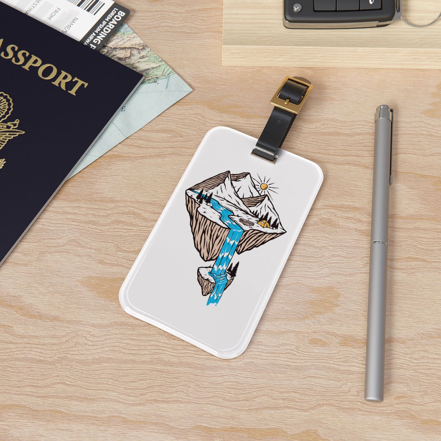 Floating Mountain Waterfall Luggage Tag with Camping Nature Illustration