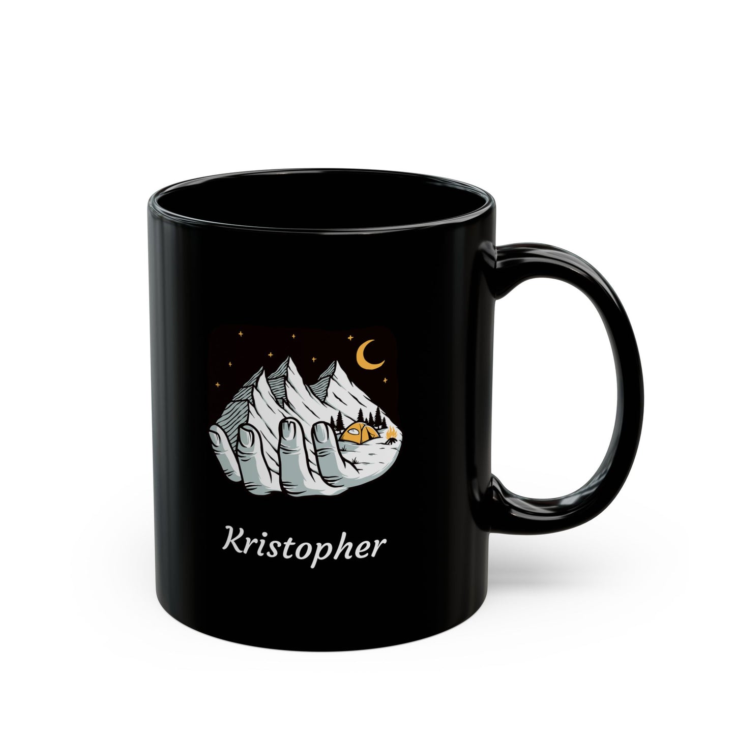 Personalized Night Mountain in Hand Black Mug - Custom Name Outdoor Illustration Coffee Cup