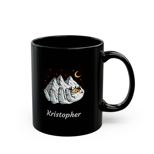 Personalized Night Mountain in Hand Black Mug - Custom Name Outdoor Illustration Coffee Cup