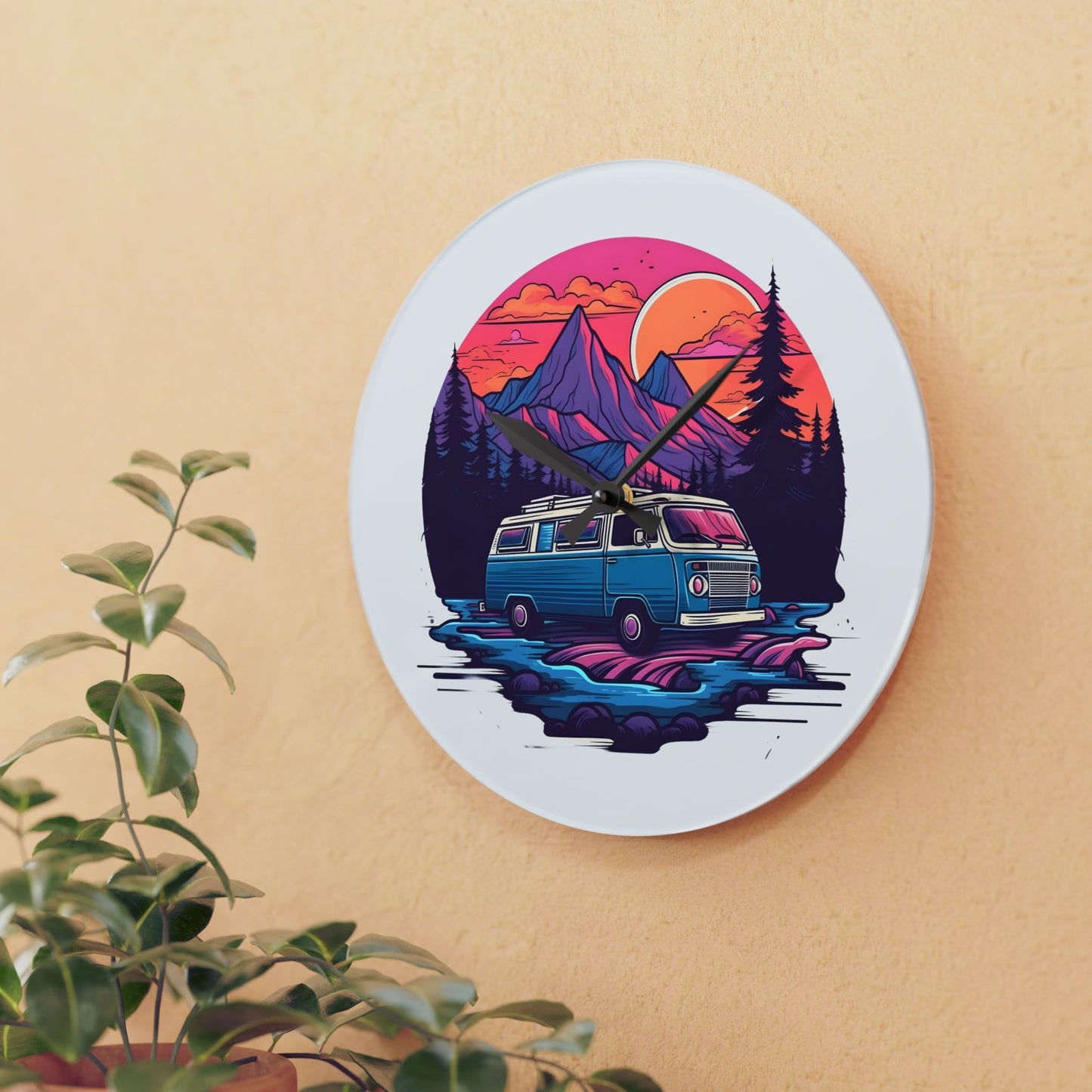 Van Life Mountain Acrylic Wall Clock - Modern Nature Home Decor with Scenic Adventure Art