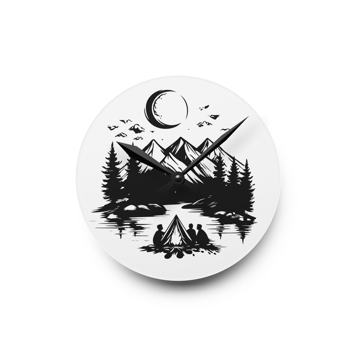 Minimal Night Camping Acrylic Wall Clock - Black and White Nature Home Decor