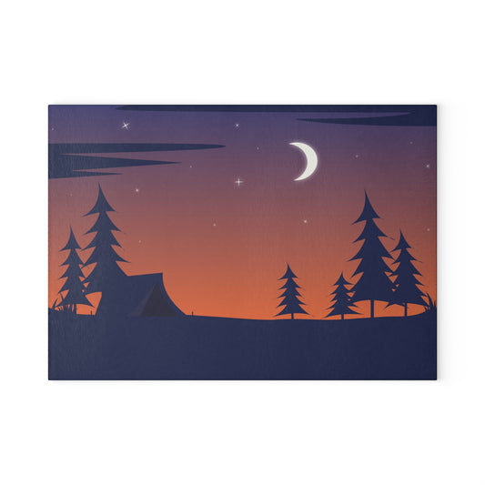 Night Camping Glass Cutting Board - Minimalist Forest & Moon Kitchen Board for Outdoor Lovers