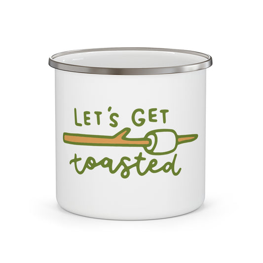 "Let’s Get Toasted" Enamel Camping Mug – Marshmallow Stick Design, 12oz
