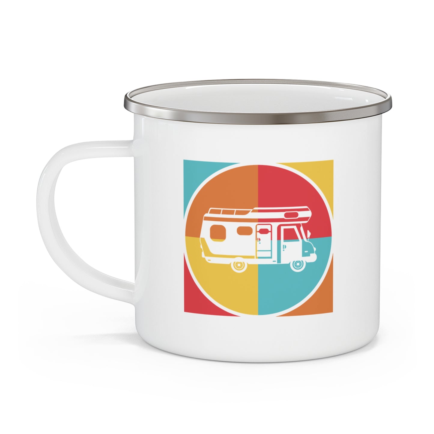 Retro Van Enamel Camping Mug with Minimal Road Trip Design
