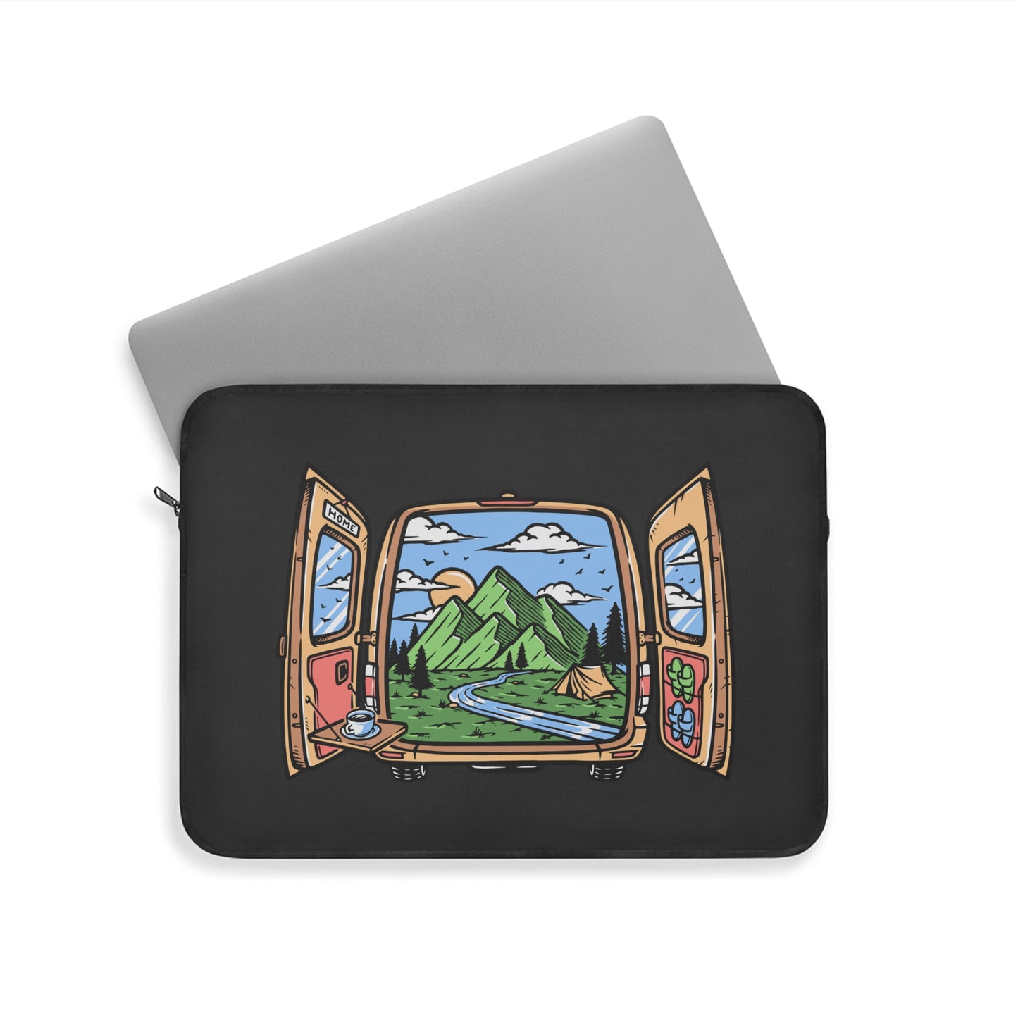 Van Life Laptop Sleeve - Camper Van Open Doors Mountain Design Protective Case for Digital Nomads & Road Trip Lovers
