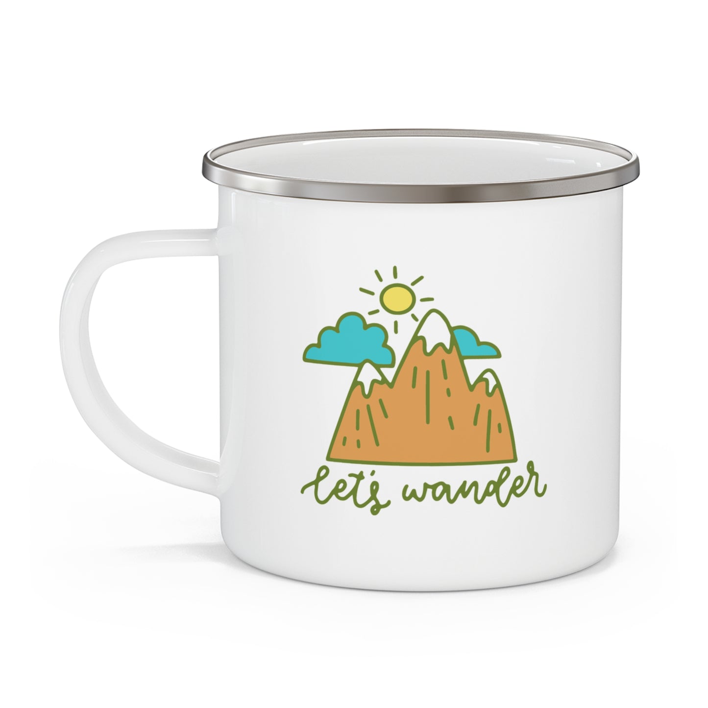 Lets Wander Enamel Camping Mug - Mountain Adventure Coffee Cup, Outdoor Travel Mug