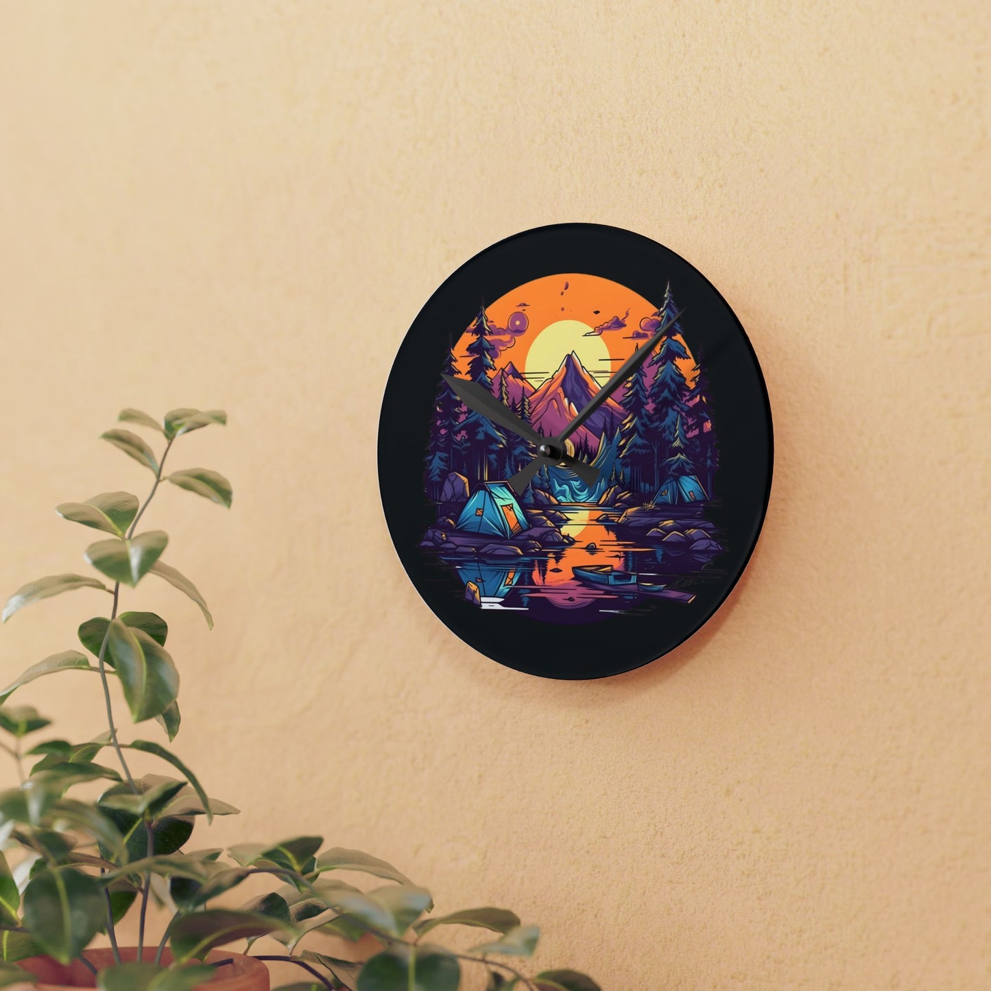 Mountain Lake Camping Acrylic Wall Clock - Modern Nature Home Decor with Scenic Outdoor Art