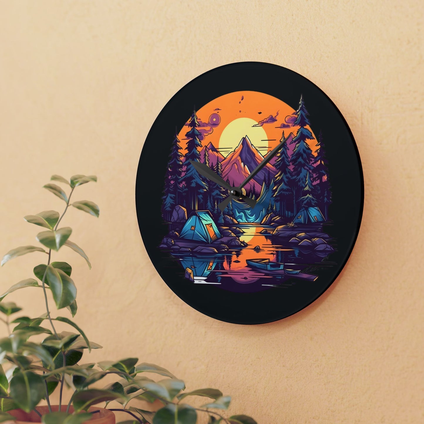 Mountain Lake Camping Acrylic Wall Clock - Modern Nature Home Decor with Scenic Outdoor Art