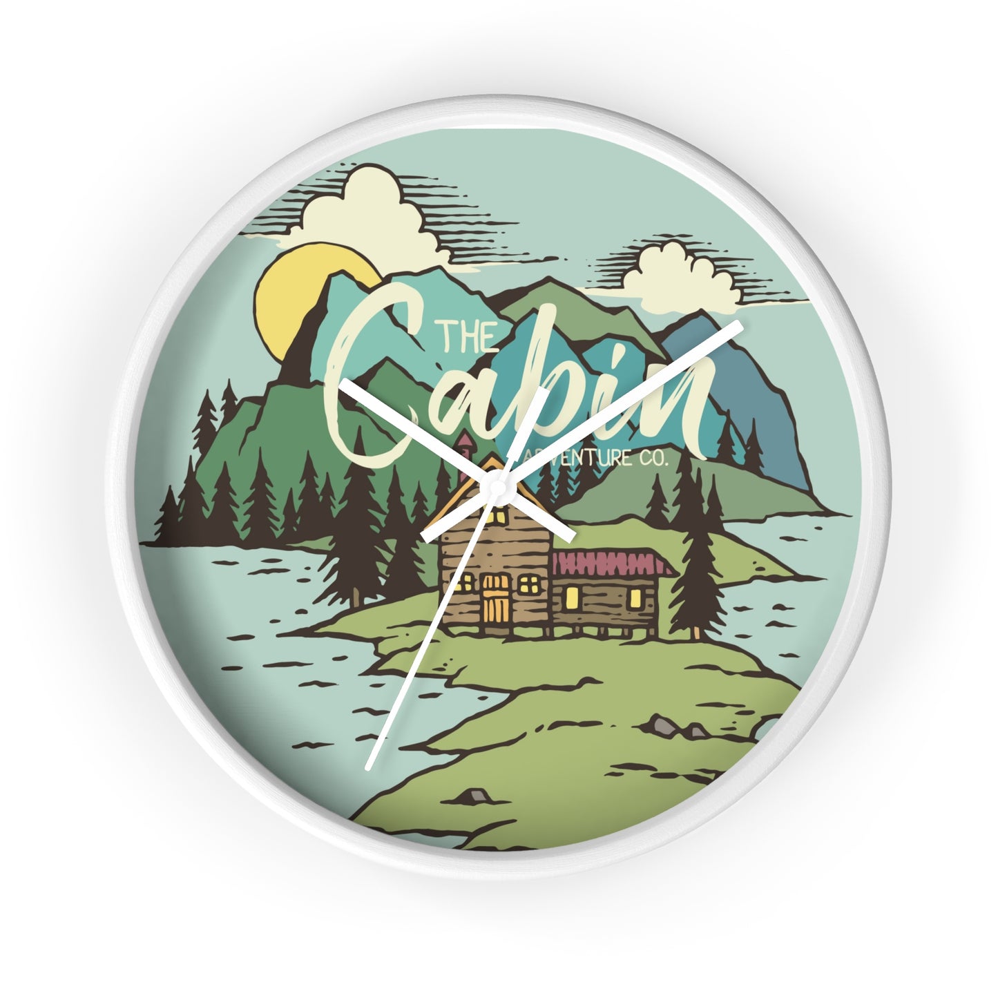 Cabin by the Lake Wall Clock - Cozy Nature Home Decor with Calm Mountain Illustration