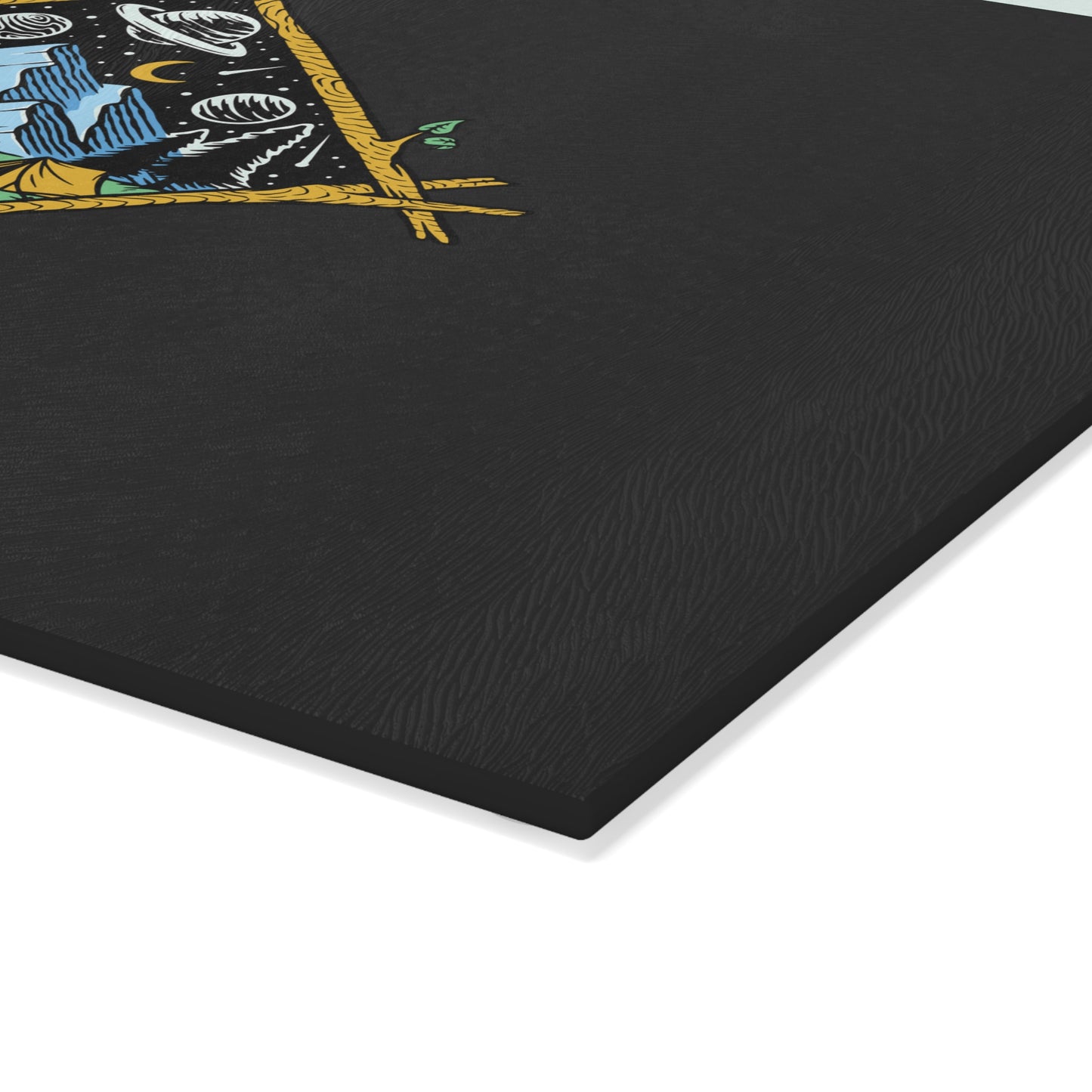 Cosmic Mountain Frame Glass Cutting Board with Camping Night Illustration