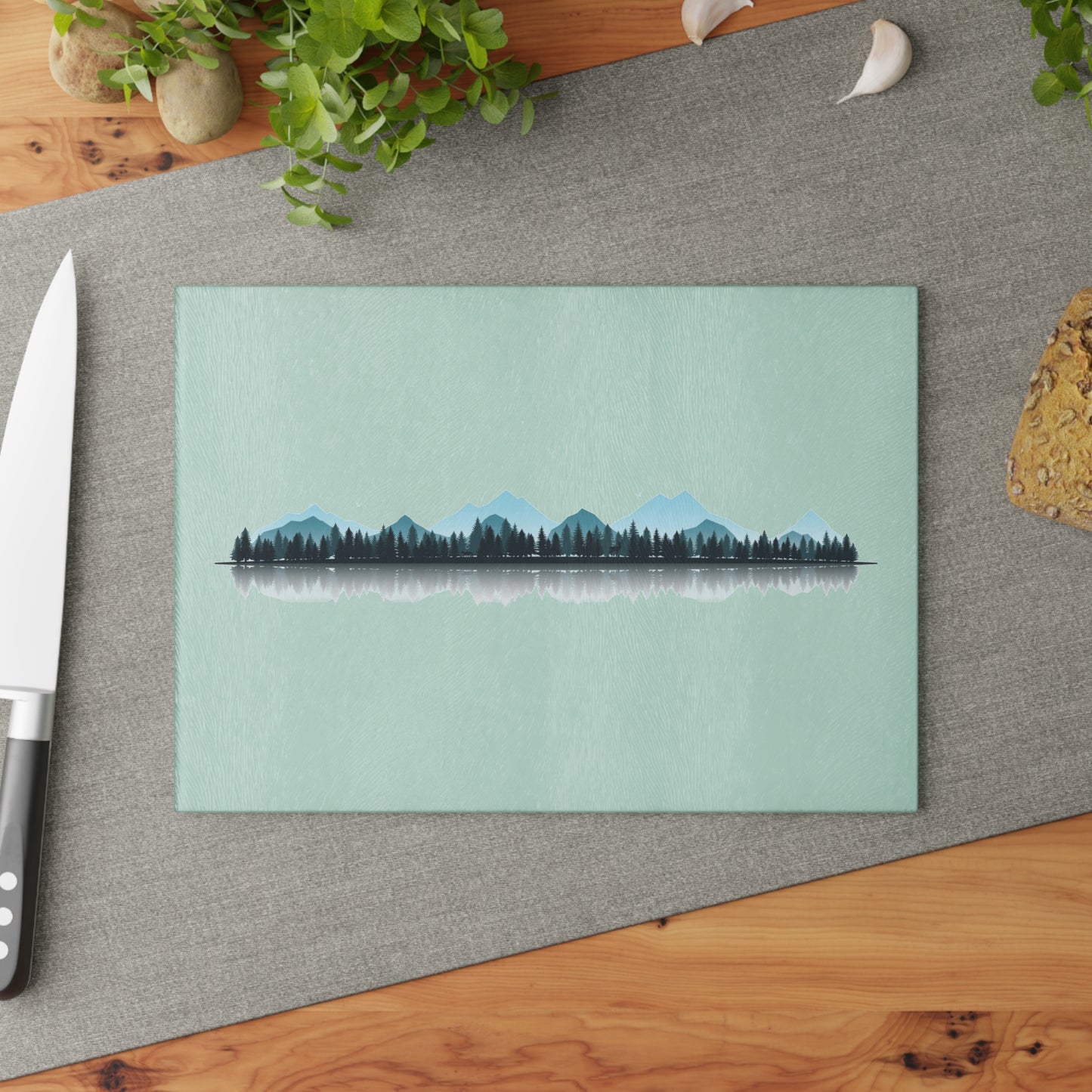 Minimal Mountain Landscape Glass Cutting Board - Calm Nature Kitchen Board, Modern Forest Kitchen Decor