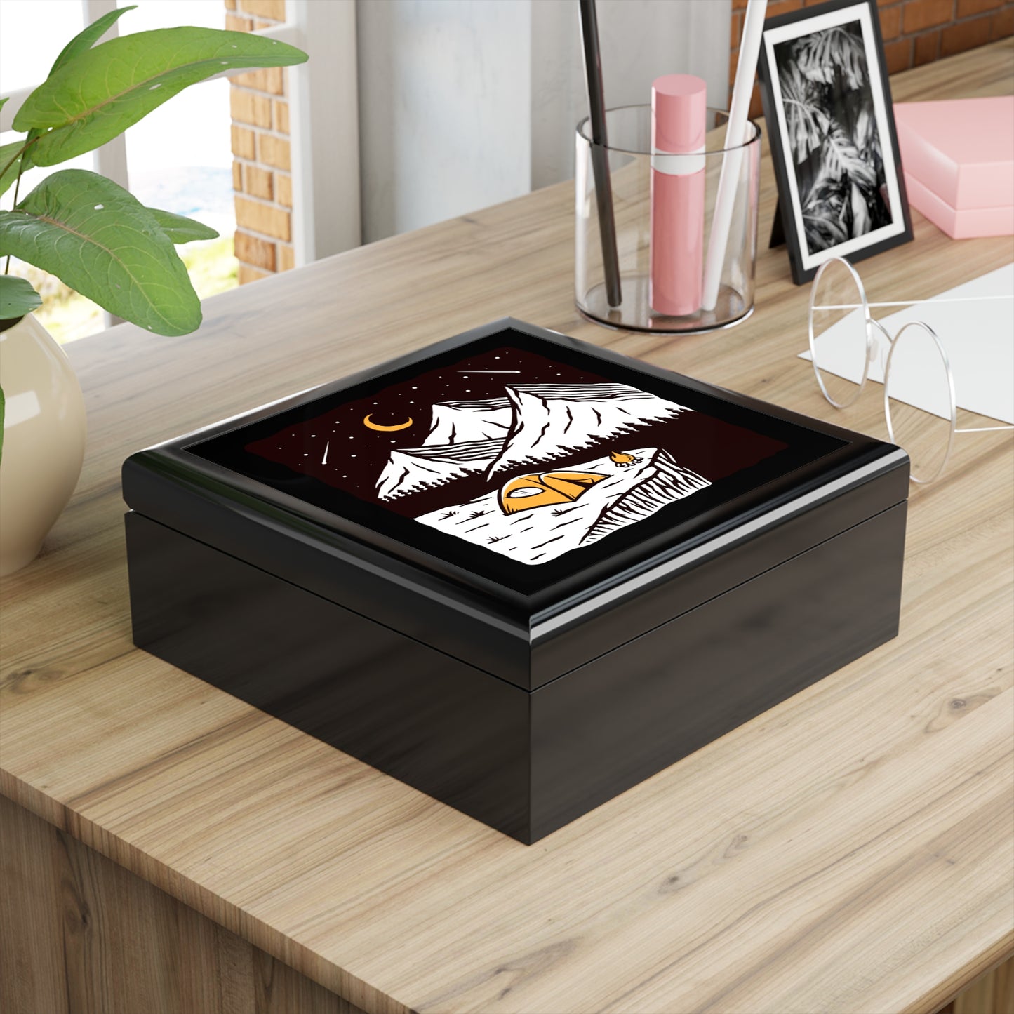 Night Camping Jewelry Box - Mountain Tent Under Stars, Adventure Inspired Keepsake Box