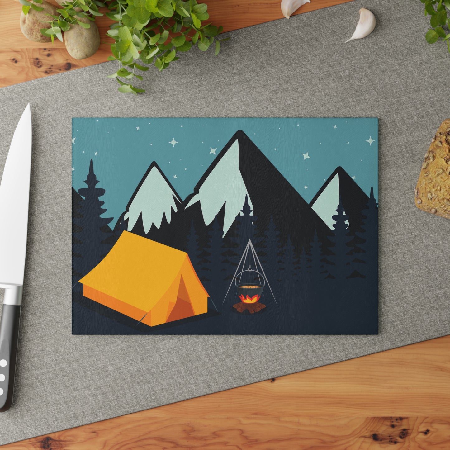 Night Camping Glass Cutting Board - Cozy Mountain Campfire Kitchen Board for Outdoor & Nature Lovers