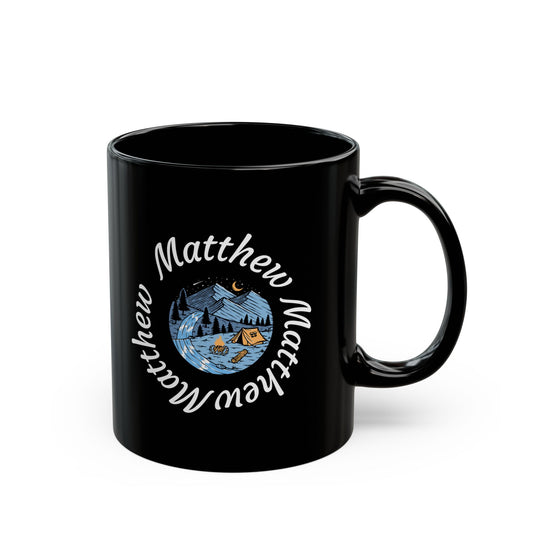 Personalized Circular Name Night Camp Black Mug - Custom Repeating Name Mountain Coffee Cup