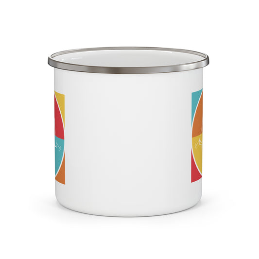 Minimal Camping Enamel Mug with Tent and Mountain Nature Design