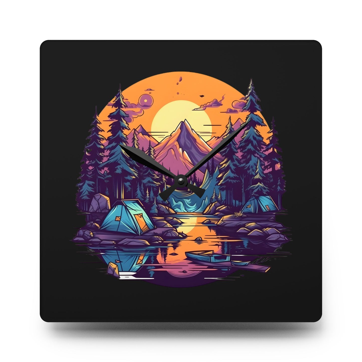 Mountain Lake Camping Acrylic Wall Clock - Modern Nature Home Decor with Scenic Outdoor Art