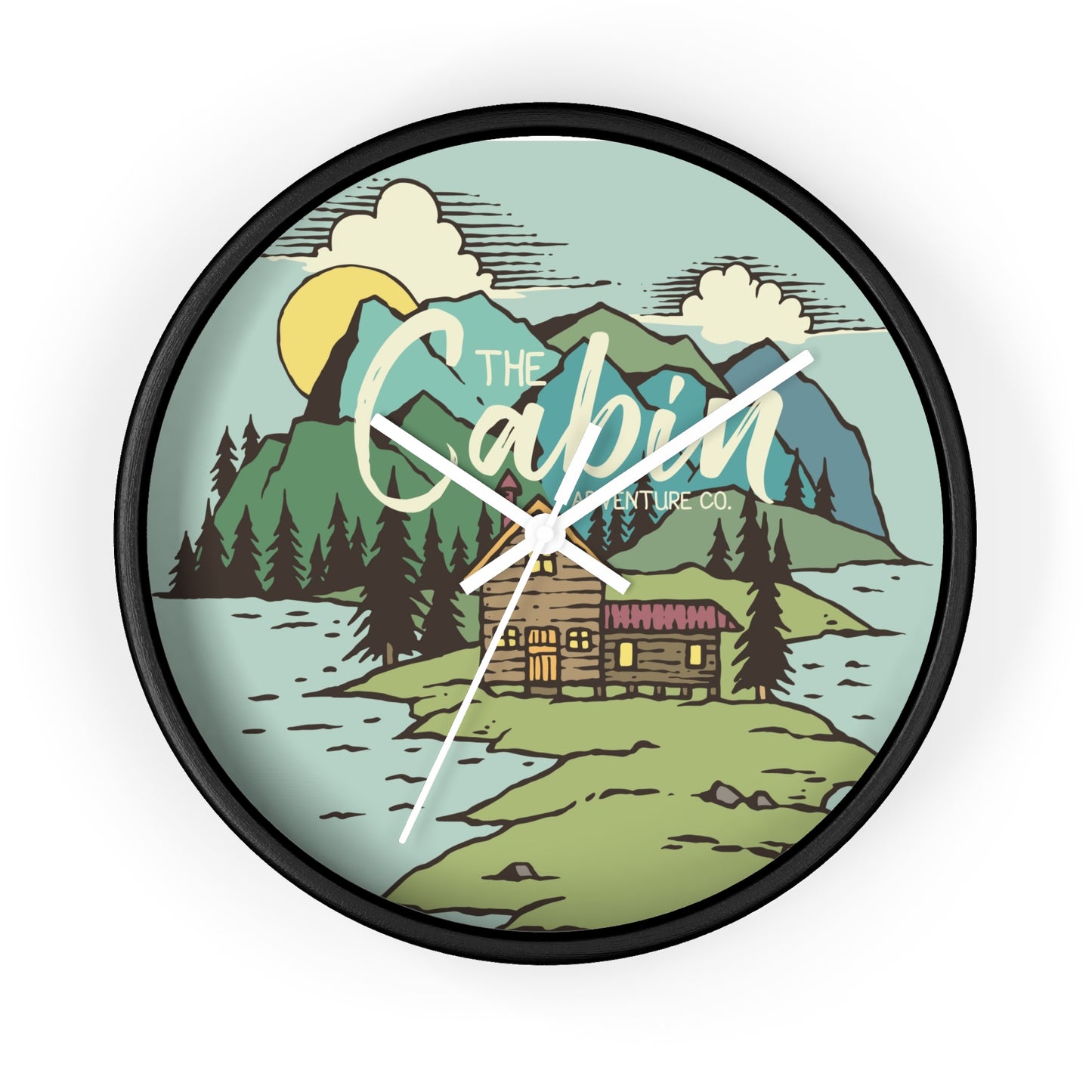 Cabin by the Lake Wall Clock - Cozy Nature Home Decor with Calm Mountain Illustration