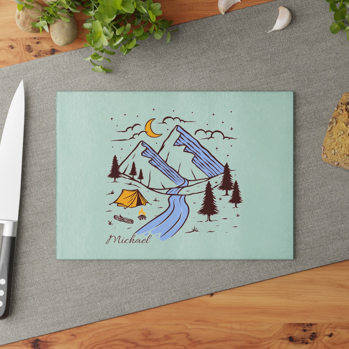 Personalized Moonlit Camping Cutting Board - Custom Name Mountain Night Scene Gift