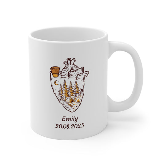 Personalized Anatomical Heart Forest Mug - Custom Name & Date Nature Illustration Coffee Cup