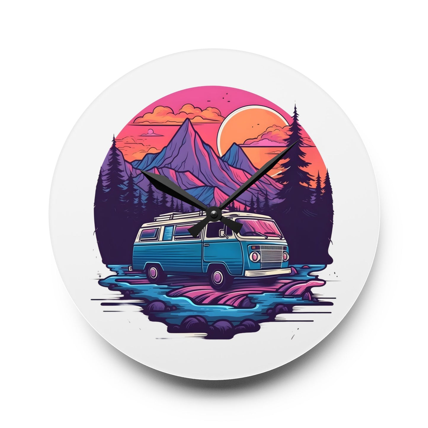 Van Life Mountain Acrylic Wall Clock - Modern Nature Home Decor with Scenic Adventure Art