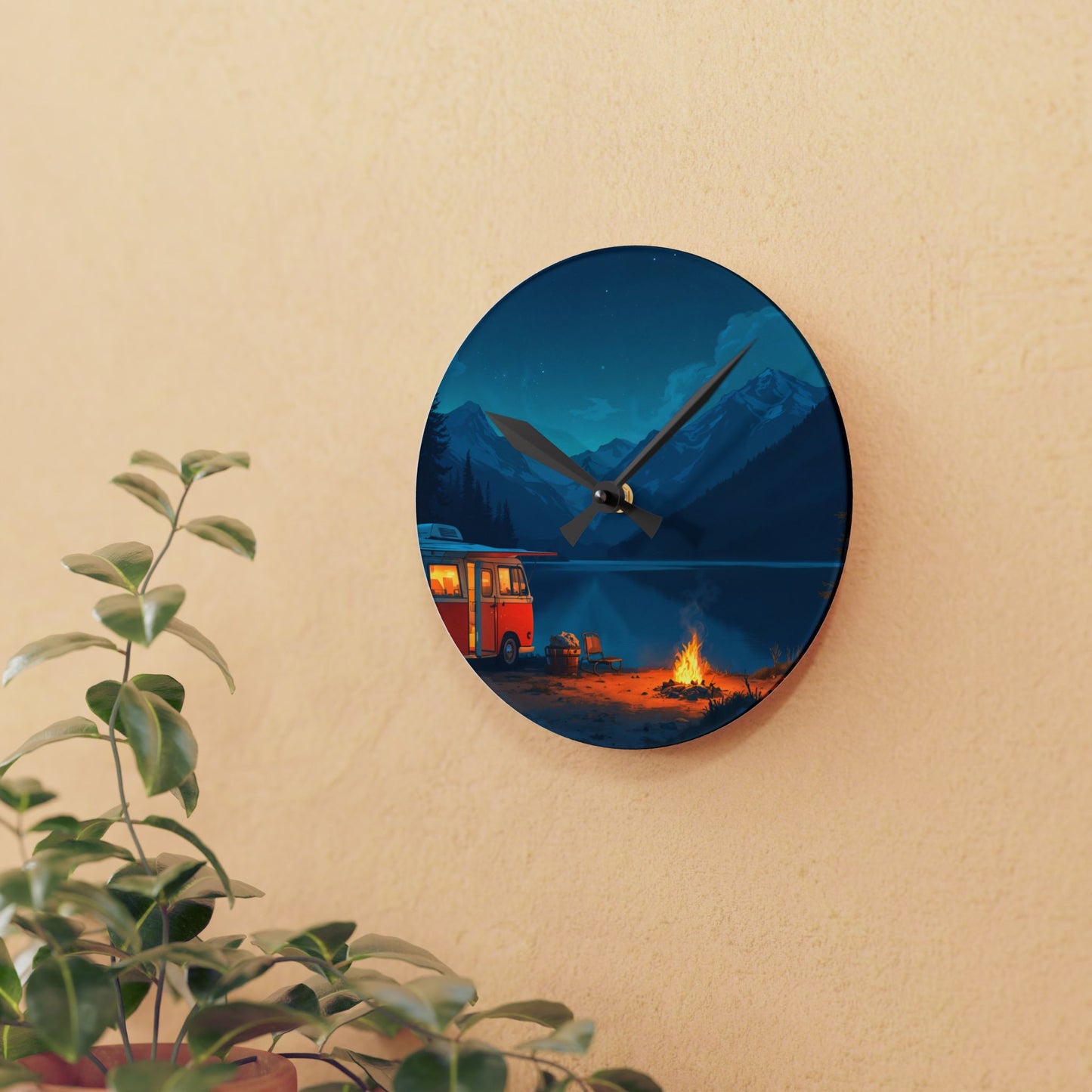 Van Life Night Lake Acrylic Wall Clock - Modern Nature Home Decor with Campfire Scene