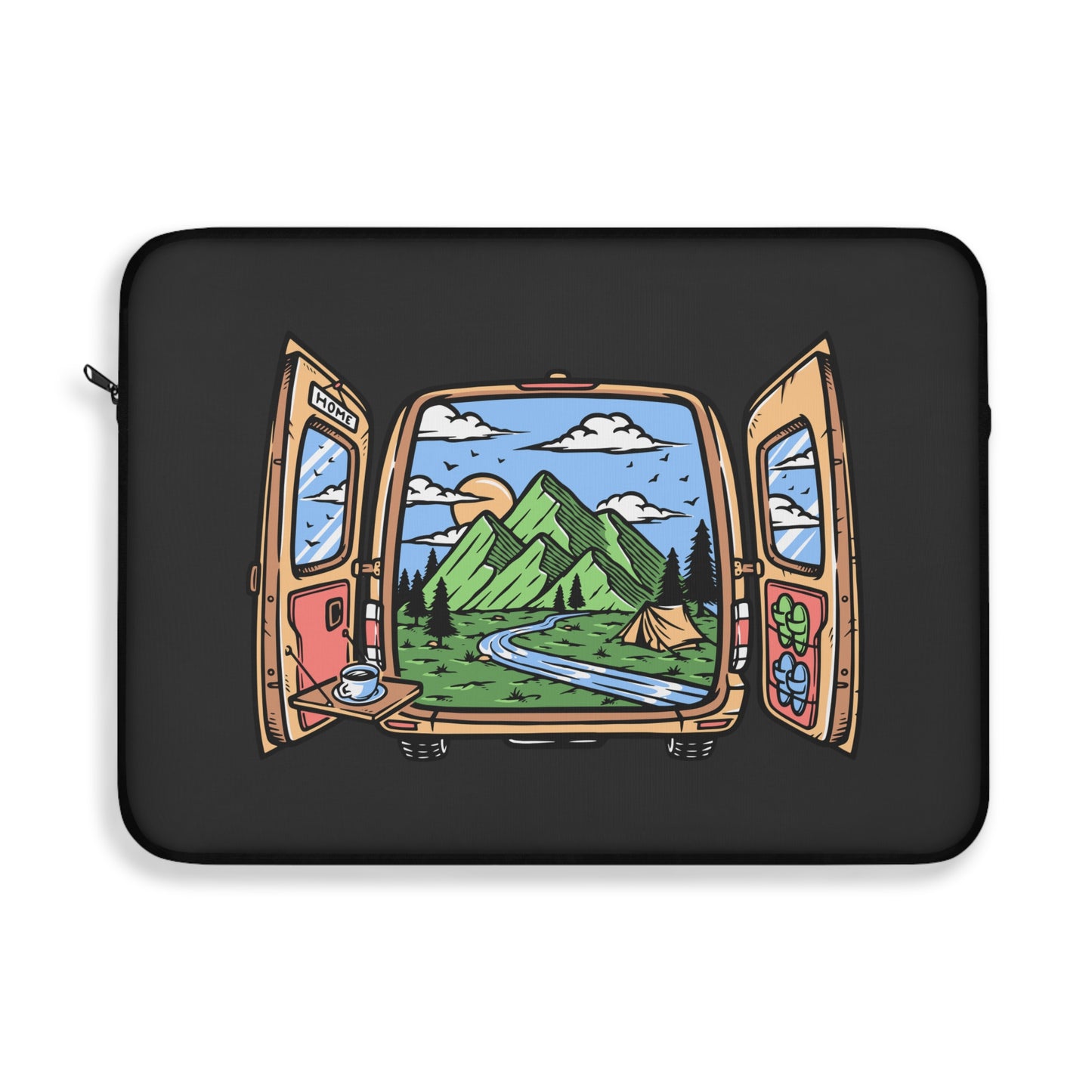 Van Life Laptop Sleeve - Camper Van Open Doors Mountain Design Protective Case for Digital Nomads & Road Trip Lovers