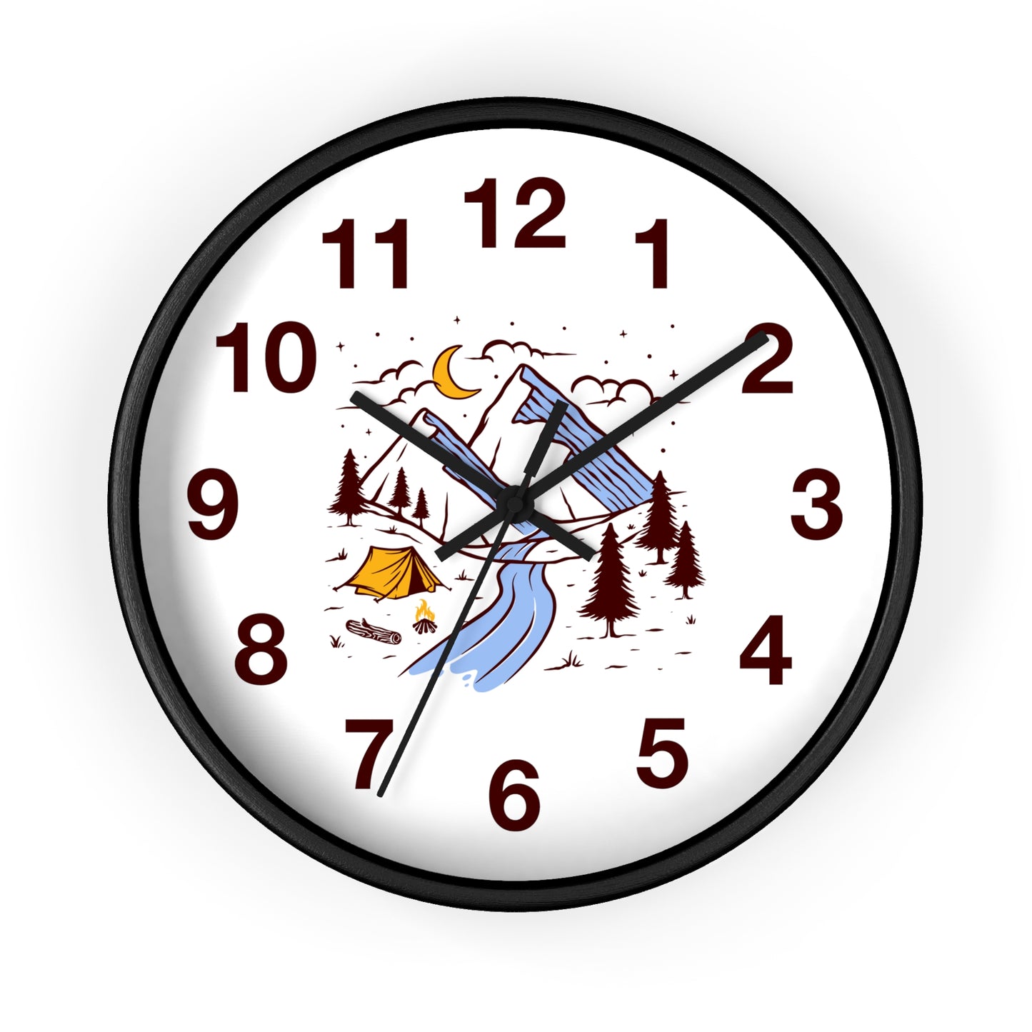 Mountain Camping Night Wall Clock with Forest and River Illustration
