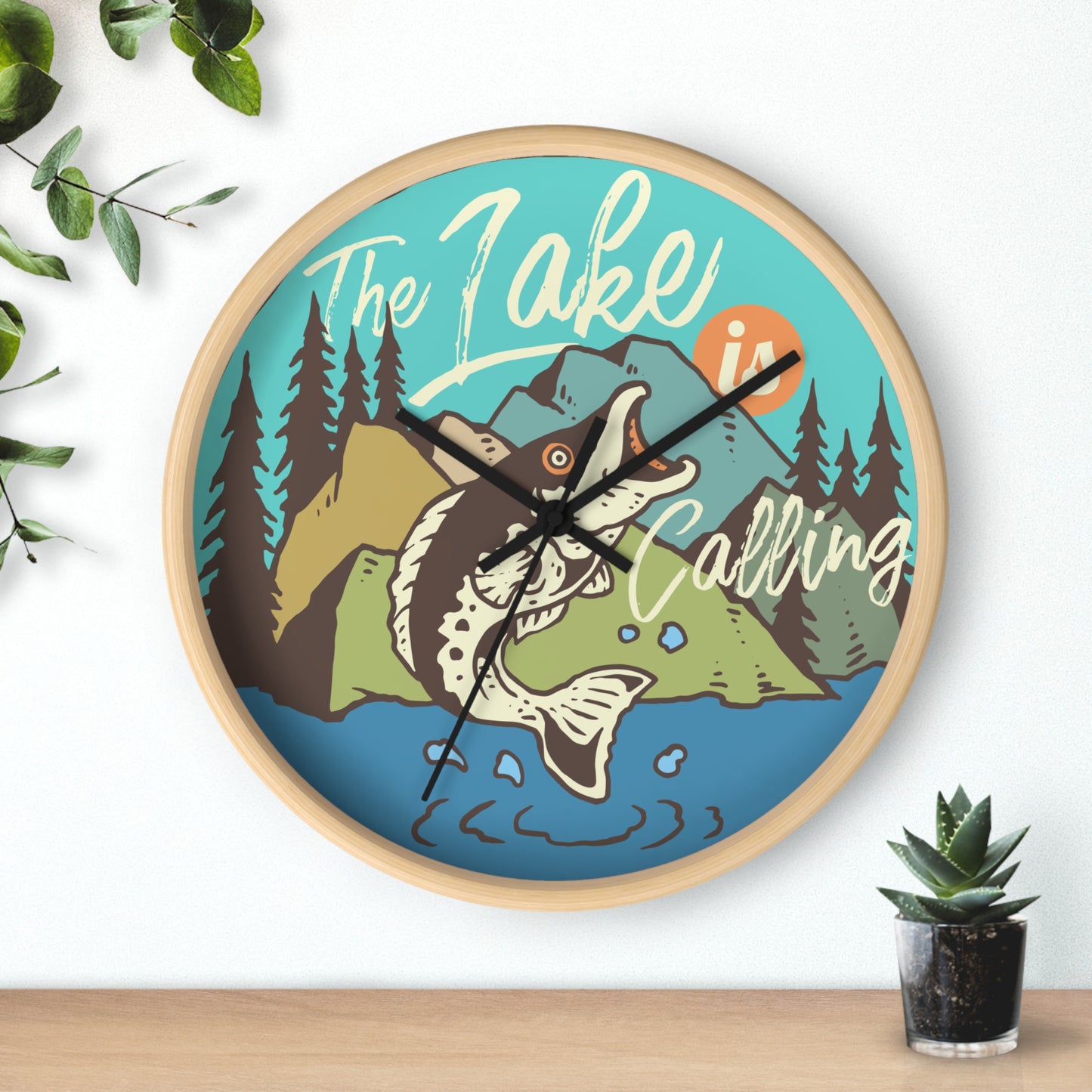 The Lake Is Calling Wall Clock - Cozy Nature Home Decor with Fishing Illustration