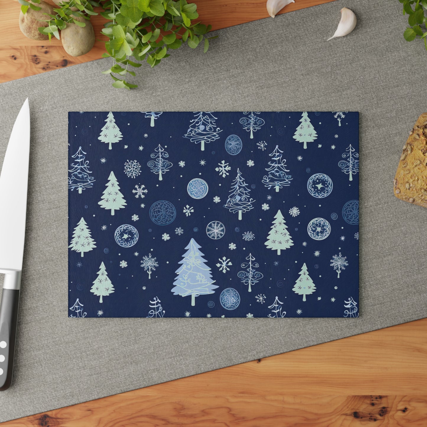Winter Forest Pattern Glass Cutting Board - Cozy Holiday Kitchen Board, Snowy Tree Design