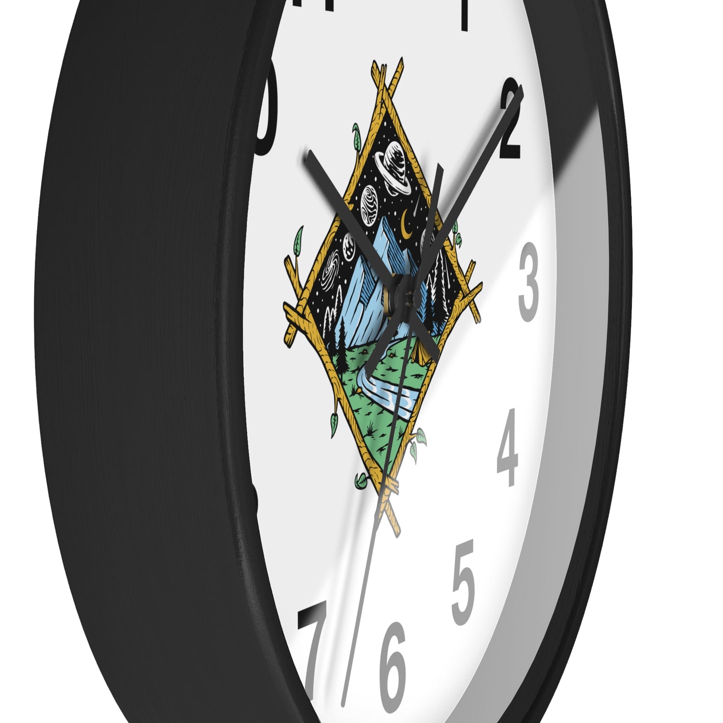Cosmic Mountain Frame Wall Clock with Night Nature Illustration