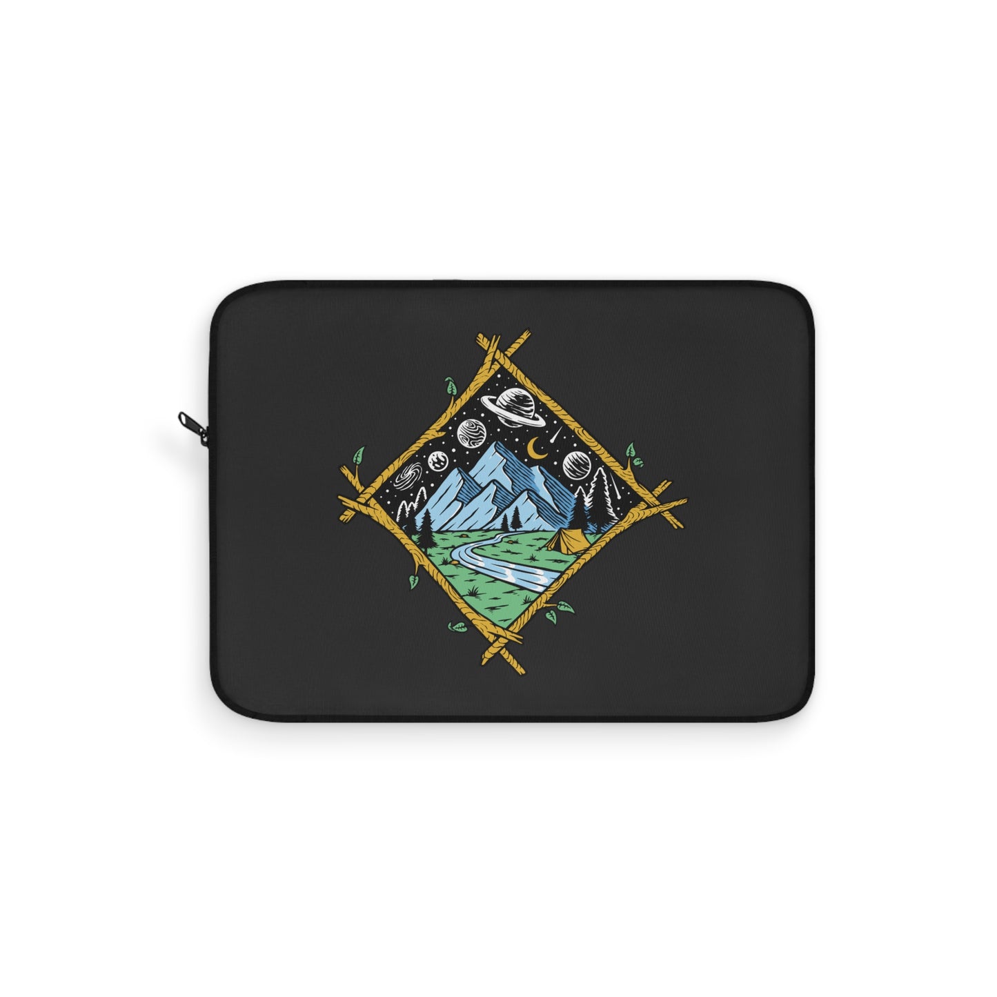 Cosmic Mountain Night Laptop Sleeve with Camping Illustration