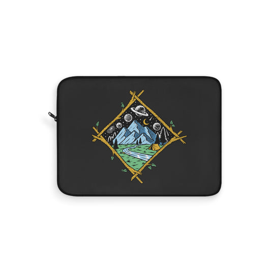 Cosmic Mountain Night Laptop Sleeve with Camping Illustration