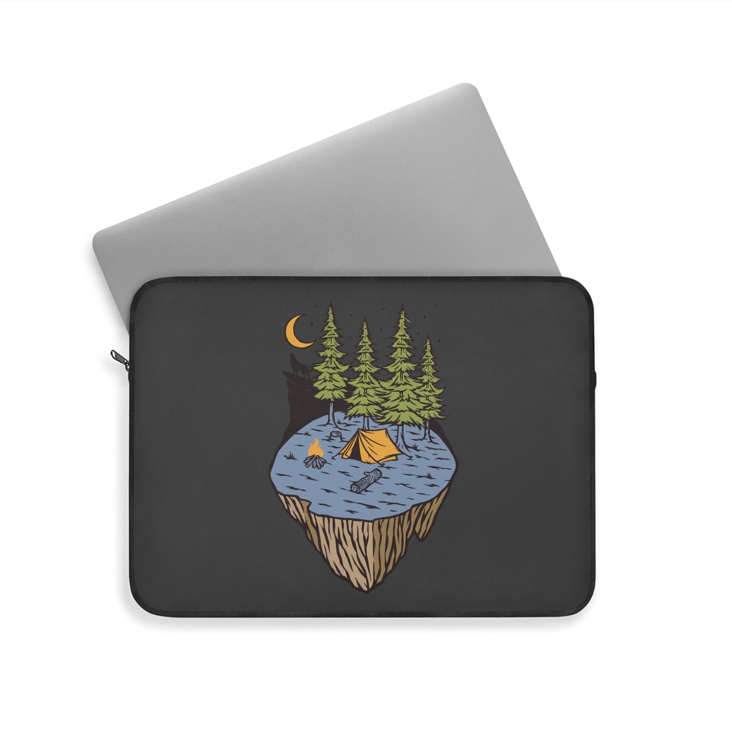 Floating Forest Night Laptop Sleeve with Camping Nature Illustration