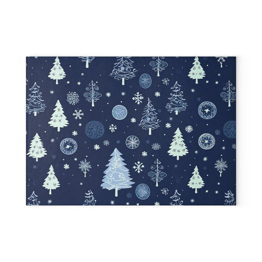 Winter Forest Pattern Glass Cutting Board - Cozy Holiday Kitchen Board, Snowy Tree Design