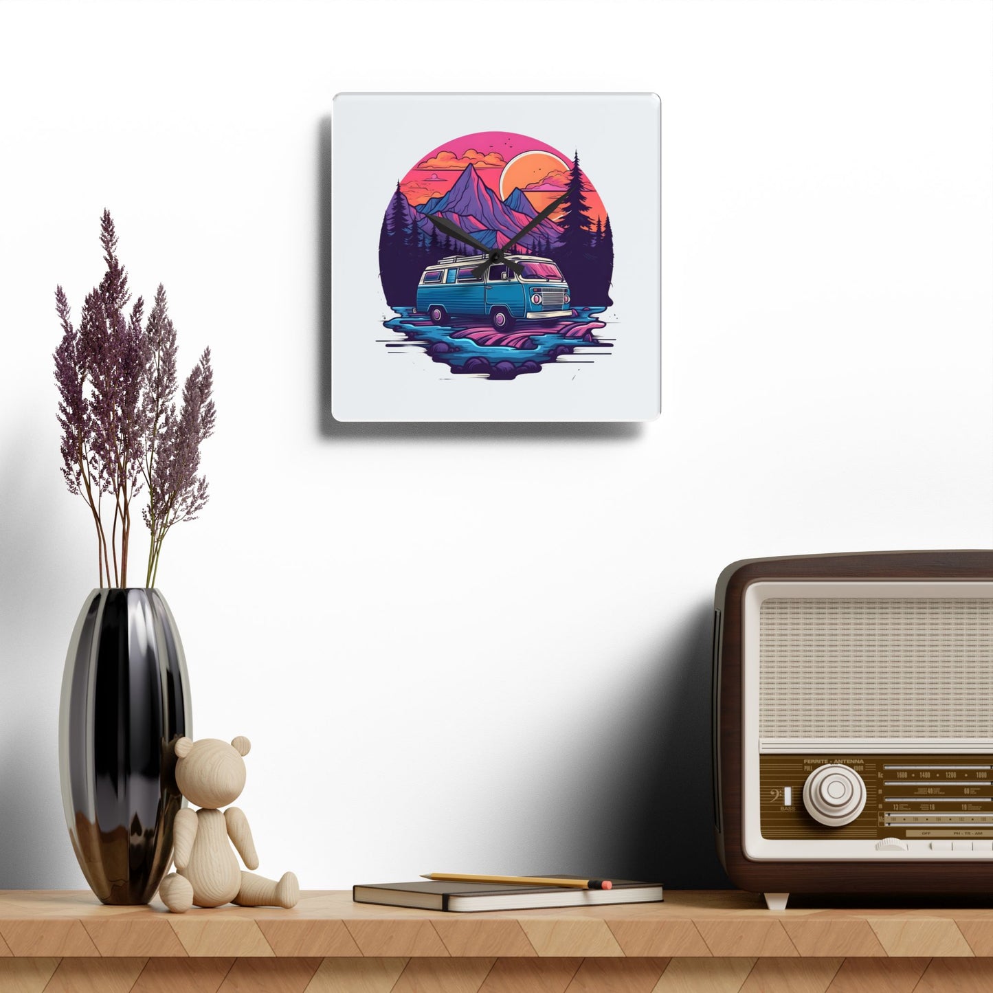 Van Life Mountain Acrylic Wall Clock - Modern Nature Home Decor with Scenic Adventure Art