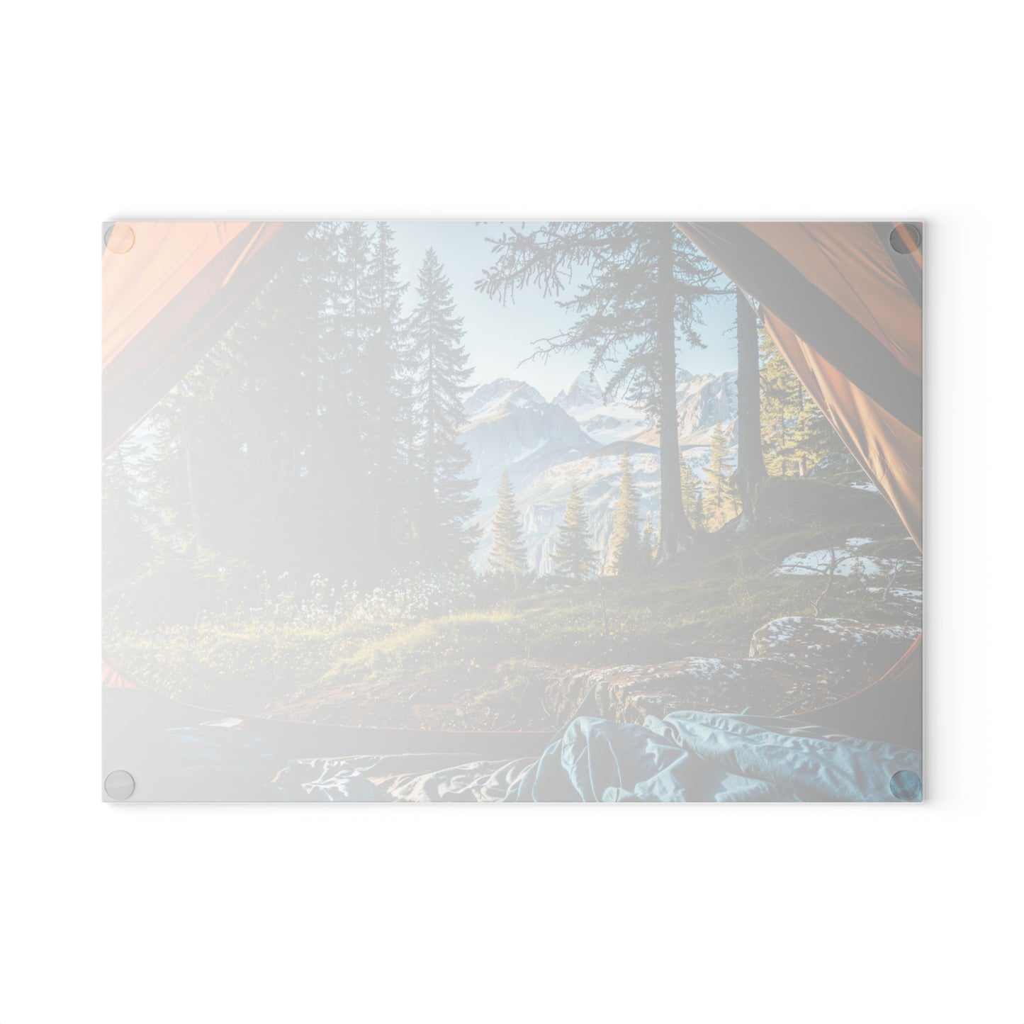 Mountain Morning View Glass Cutting Board with Forest Camping Scene