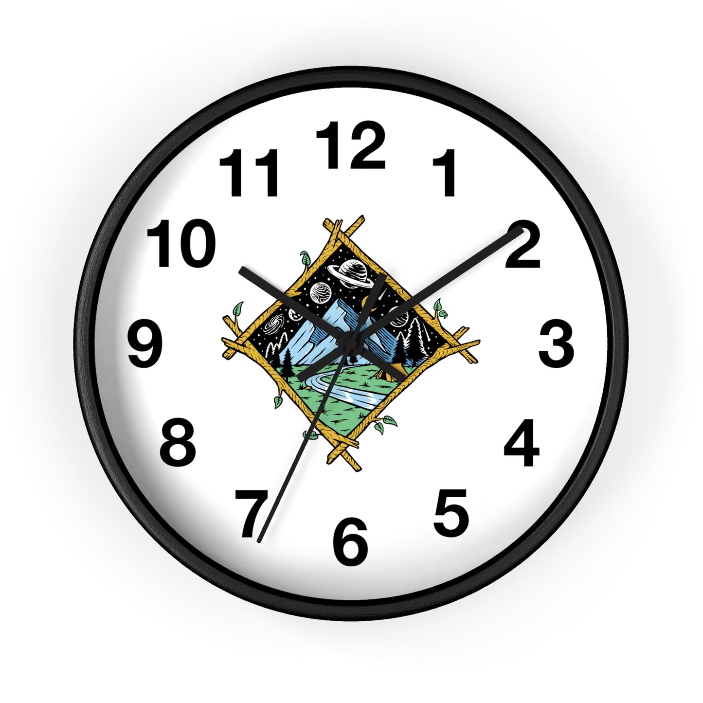 Cosmic Mountain Frame Wall Clock with Night Nature Illustration
