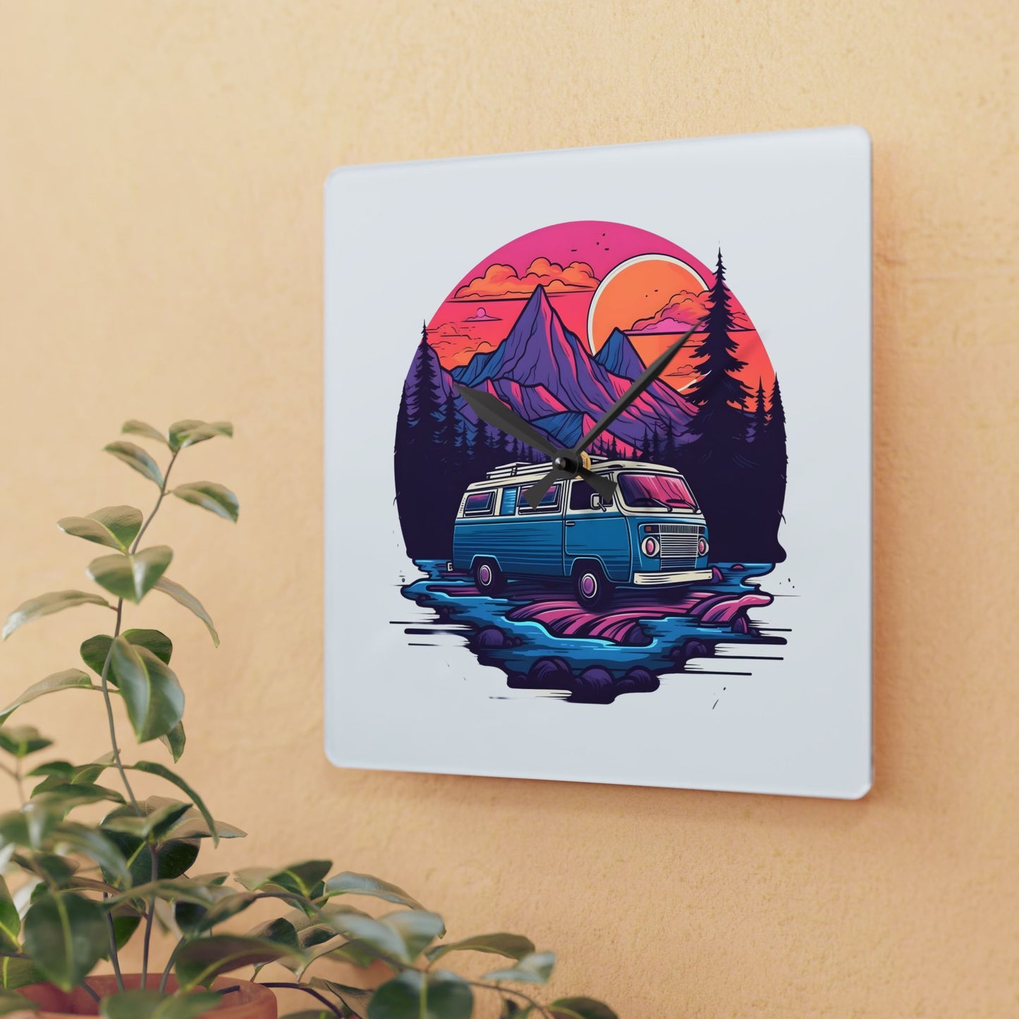 Van Life Mountain Acrylic Wall Clock - Modern Nature Home Decor with Scenic Adventure Art