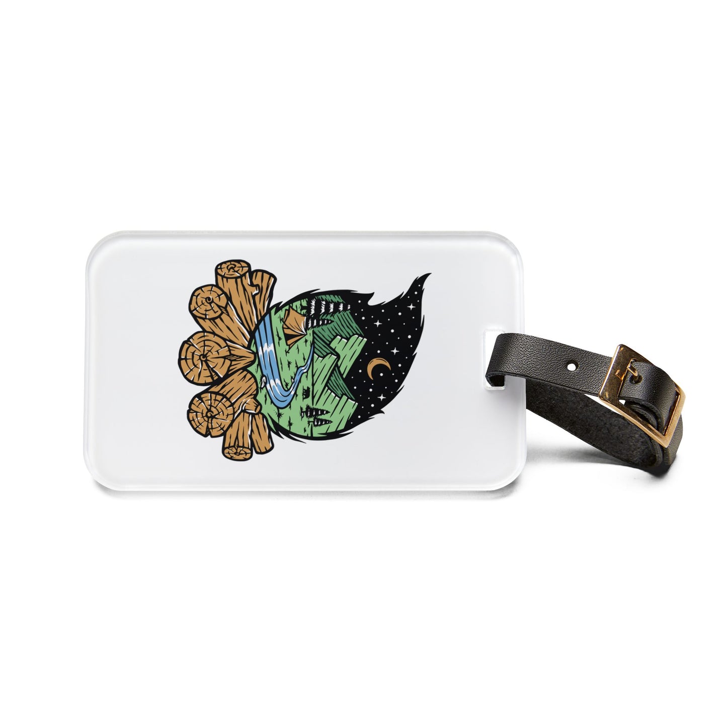 Night Campfire Landscape Luggage Tag with Mountain Nature Illustration