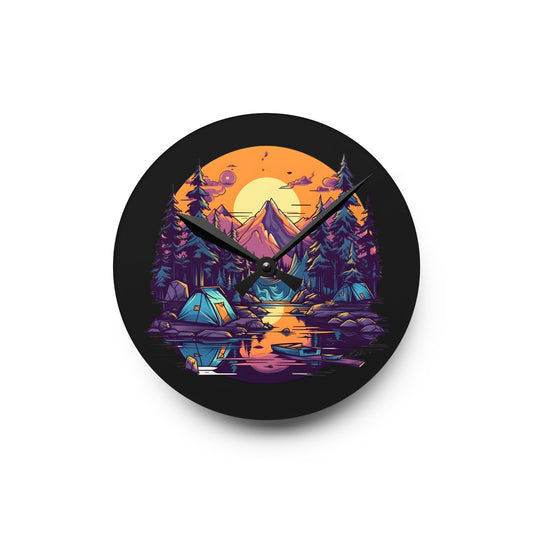 Mountain Lake Camping Acrylic Wall Clock - Modern Nature Home Decor with Scenic Outdoor Art