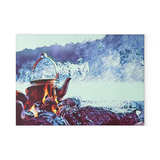 Camping Coffee Mouse Pad - Mountain Campfire Desk Mat, Outdoor Adventure Nature Illustration