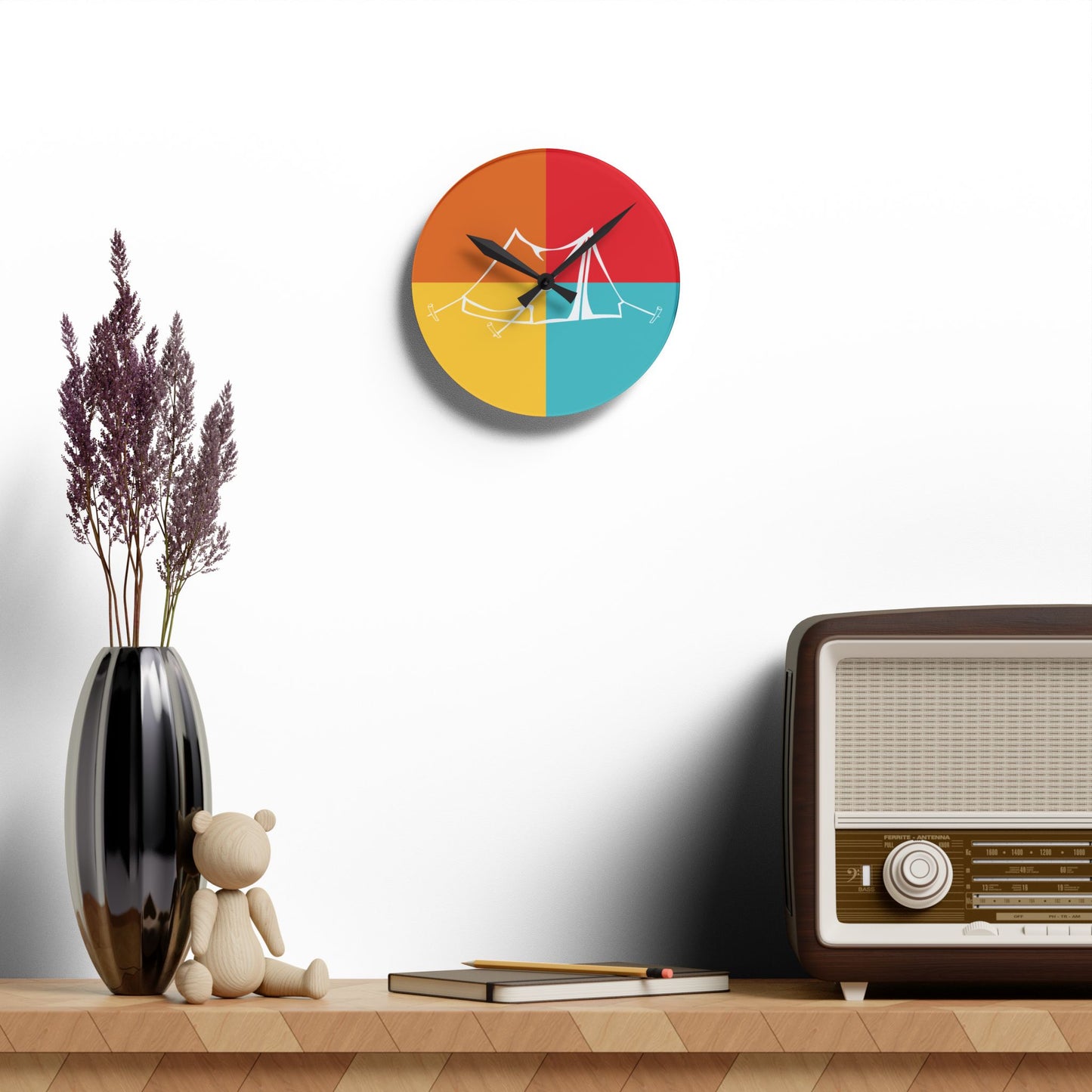 Minimal Camping Acrylic Wall Clock - Modern Color Block Nature Home Decor