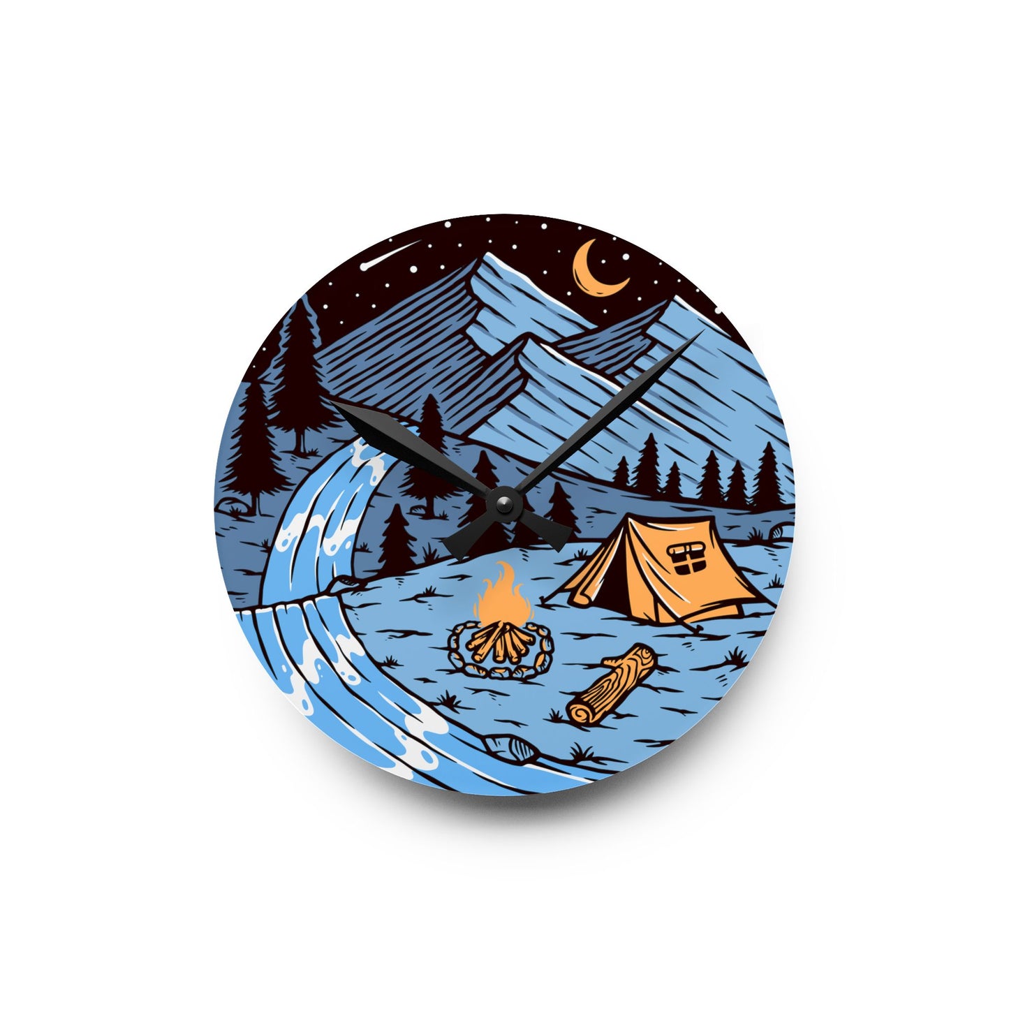 Night Camping Acrylic Wall Clock - Modern Nature Home Decor with River and Campfire Scene