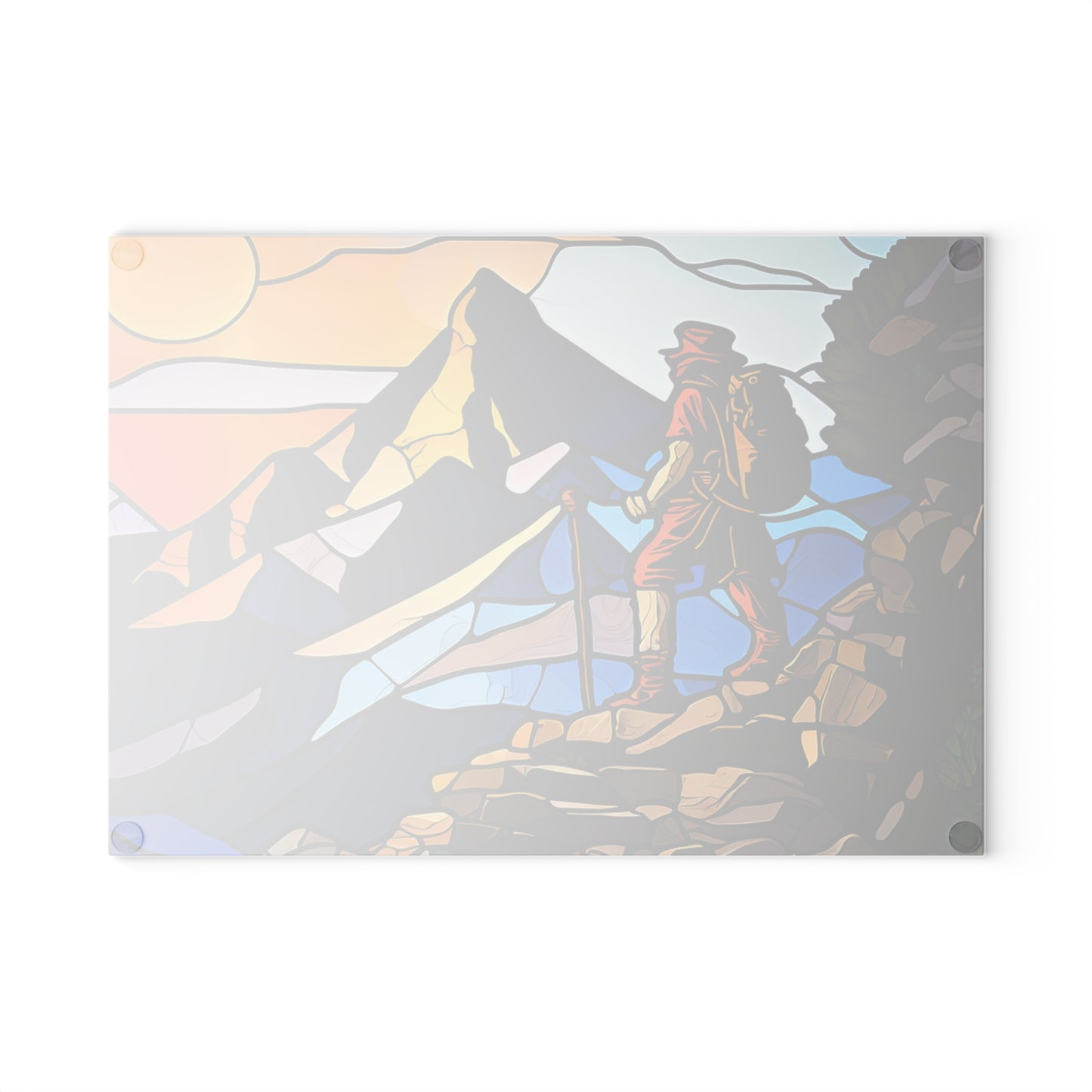 Adventure Hiker Glass Cutting Board - Mountain Explorer Kitchen Board for Outdoor & Travel Lovers