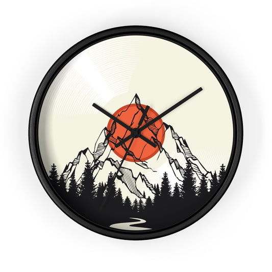 Mountain Sunrise Wall Clock - Minimal Forest & Peak Illustration, Modern Nature Decor