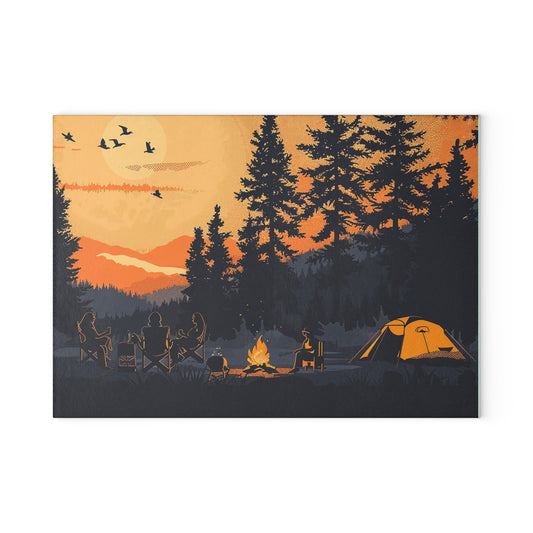 Camping Sunset Glass Cutting Board - Forest Campfire Kitchen Board, Outdoor Adventure Kitchen Decor